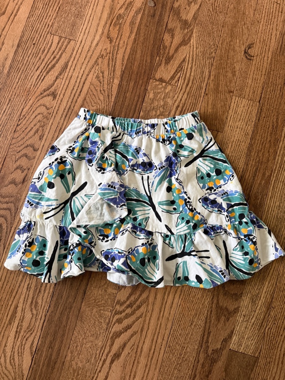 Tea White Butterfly Print Ruffle Skirt in White Blue & Green Sz 6